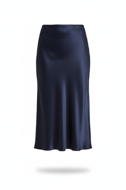 Jupe Midi Bleue Marine Satin Élégante