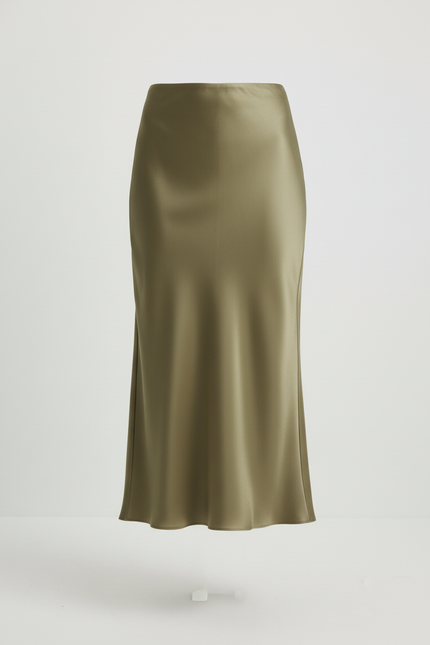 Jupe Midi Satinée Kaki Élégante