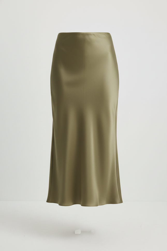 Jupe Midi Satinée Kaki Élégante