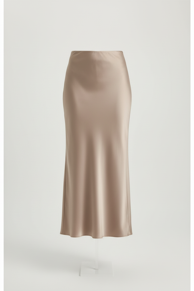 Jupe Midi Satin Beige Élégante