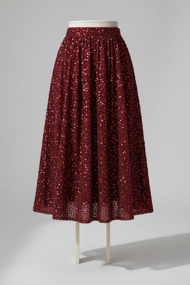 Jupe Midi Rouge Pailletée Élégante