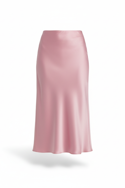 Jupe Midi Rose Satin Fluide
