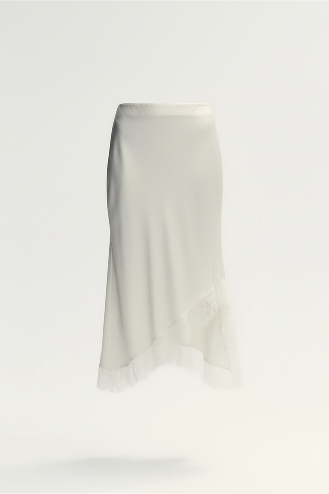 Jupe Midi Crème Satinée Dentelle Élégante