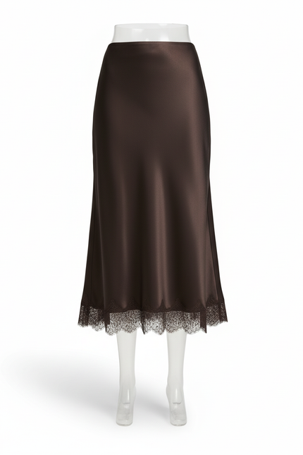 Jupe Midi Satinée Marron Dentelle Fluide