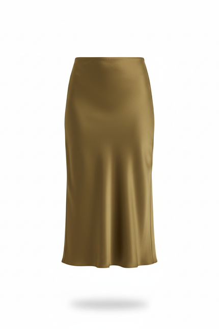 Jupe Midi Satinée Kaki Élégante fluide