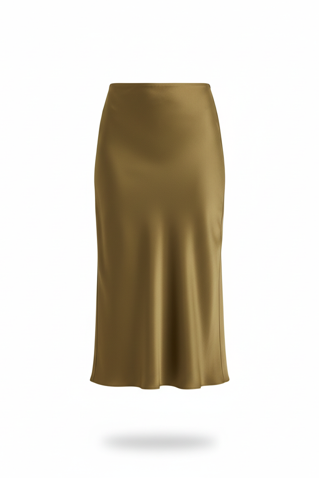 Jupe Midi Satinée Kaki Élégante fluide