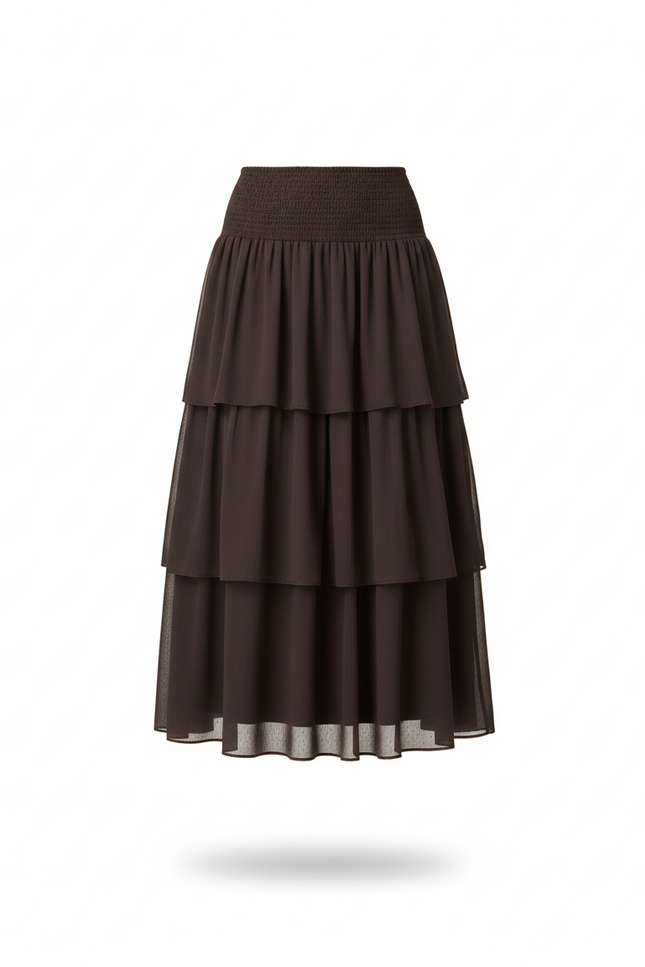 Jupe Midi Marron À Volants Chic