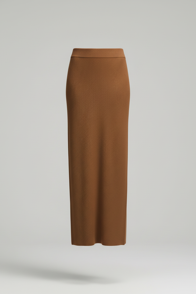 Jupe Midi Marron Côtelée Chic