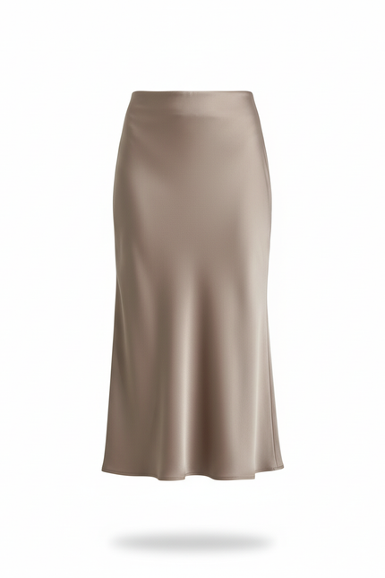 Jupe Midi Satin Taupe Élégante