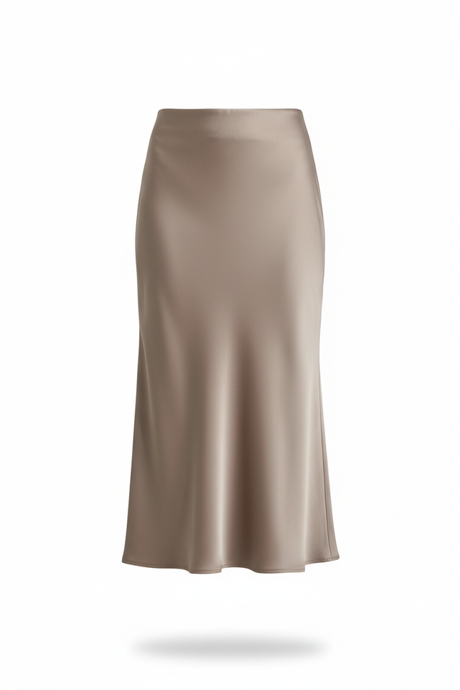 Jupe Midi Satin Taupe Élégante