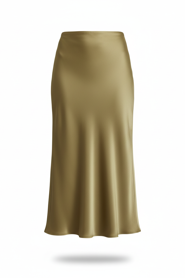 Jupe Midi Satin Kaki Élégante