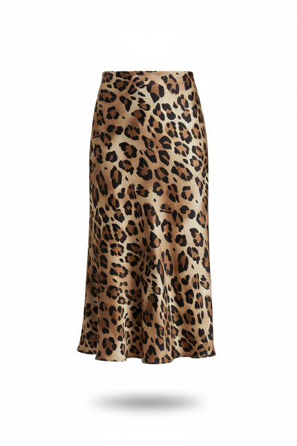 Jupe Midi Satin Léopard Fluide