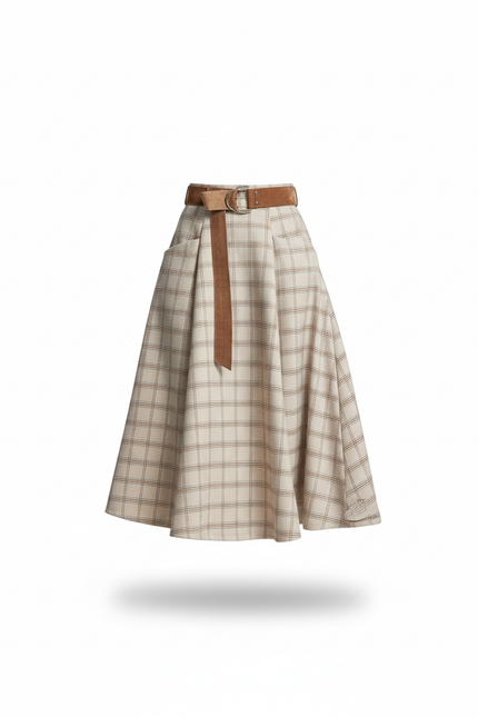 Jupe Midi À Carreaux Évasée Chic