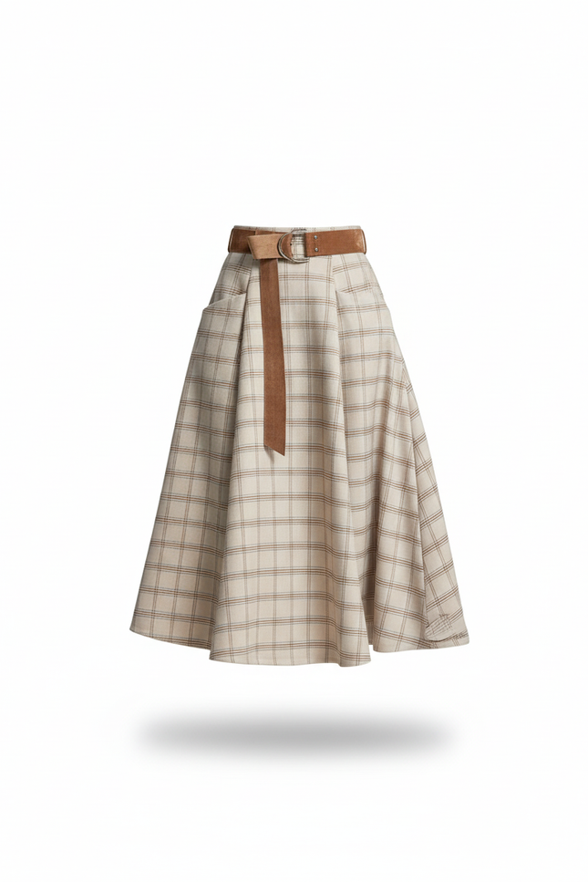 Jupe Midi À Carreaux Évasée Chic