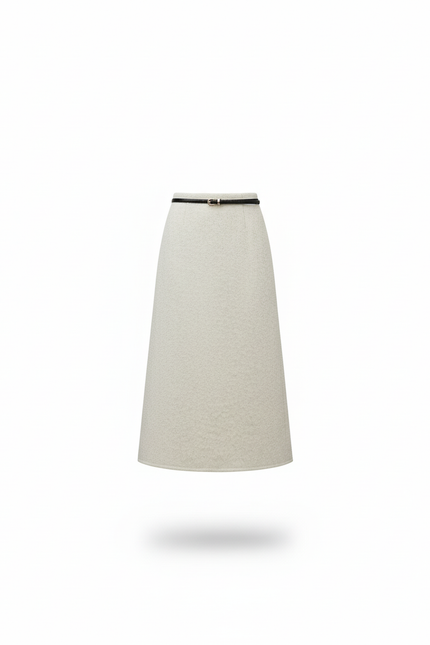 Jupe Midi Droite Crème Laine Élégante Femme