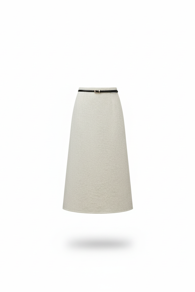 Jupe Midi Droite Crème Laine Élégante Femme