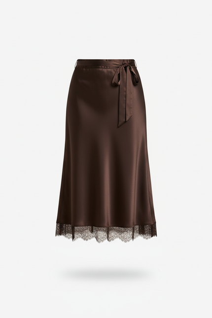 Jupe Midi Satin Marron Dentelle Élégante
