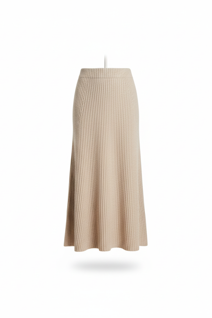 Jupe Midi Beige Maille Côtelée Chic