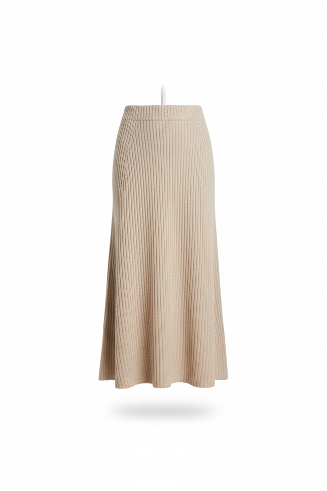 Jupe Midi Beige Maille Côtelée Chic