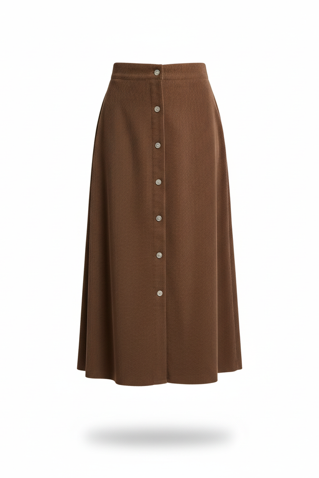 Jupe Midi Côtelée Marron Chic