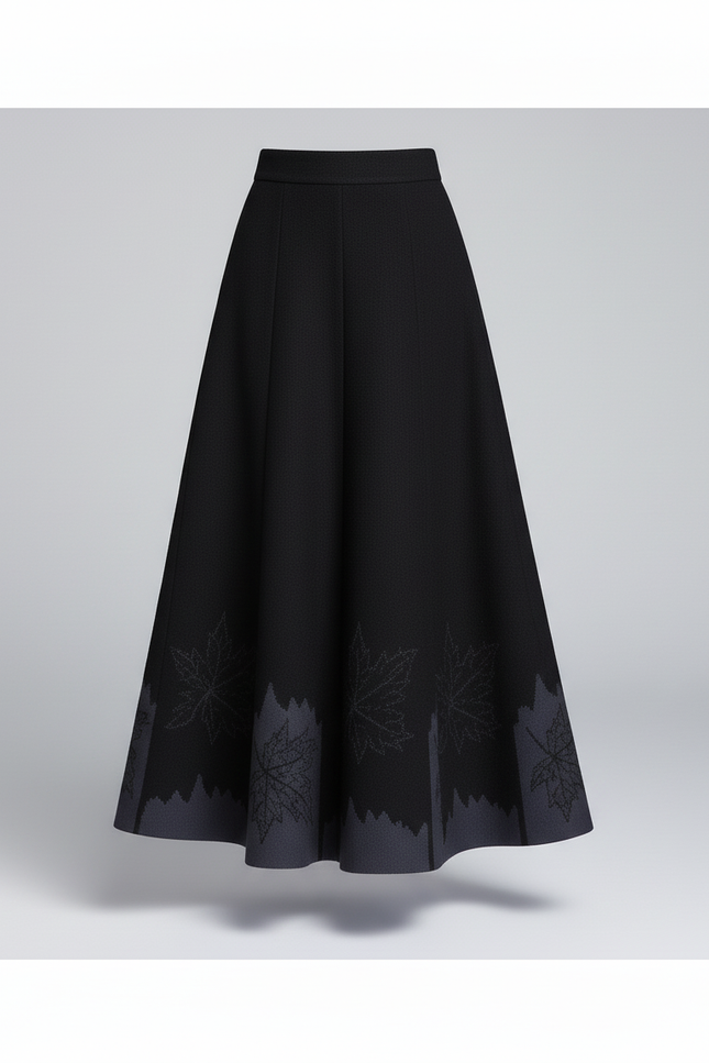 Jupe Midi Noire Motifs Feuilles Élégante