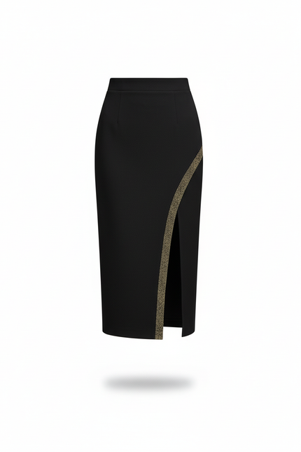 Jupe Midi Noire Fendue Détail Doré Chic