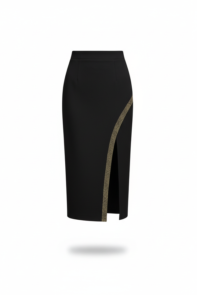 Jupe Midi Noire Fendue Détail Doré Chic