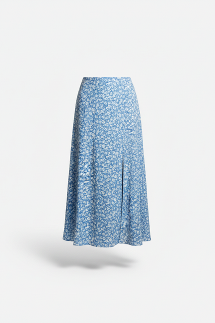 Jupe Midi Élégante Bleue Fleurie À Fente