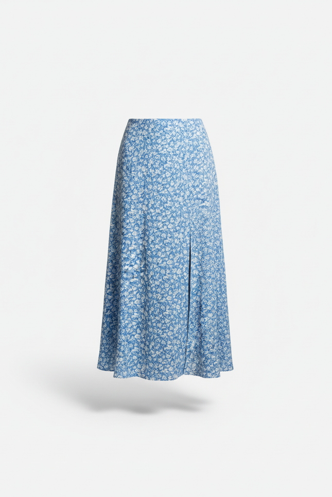 Jupe Midi Élégante Bleue Fleurie À Fente