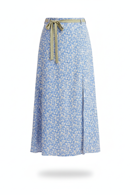 Jupe Midi Bleue Fleurie Fendue Fluide