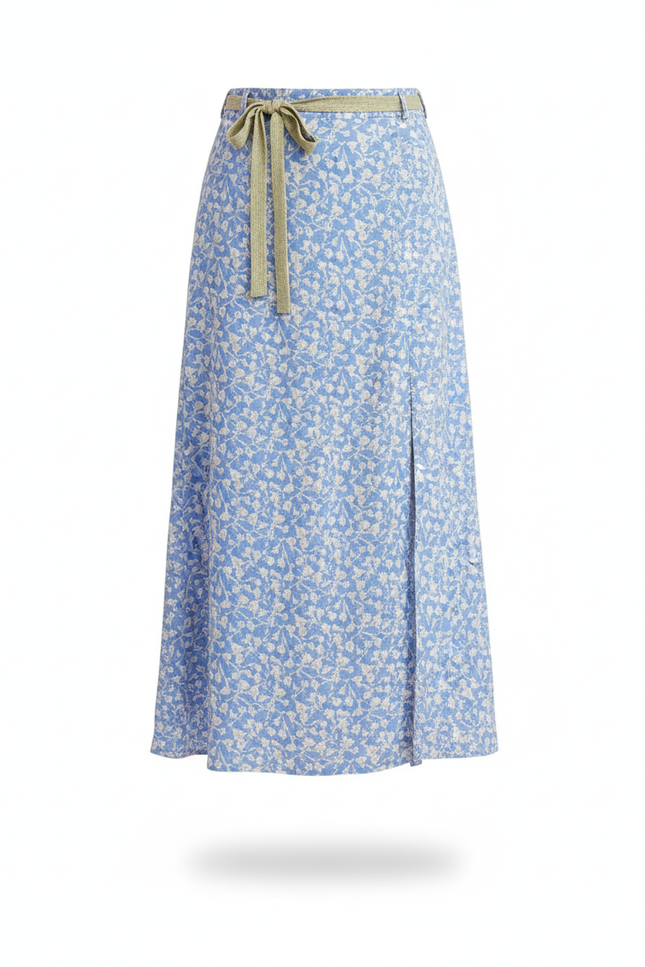 Jupe Midi Bleue Fleurie Fendue Fluide
