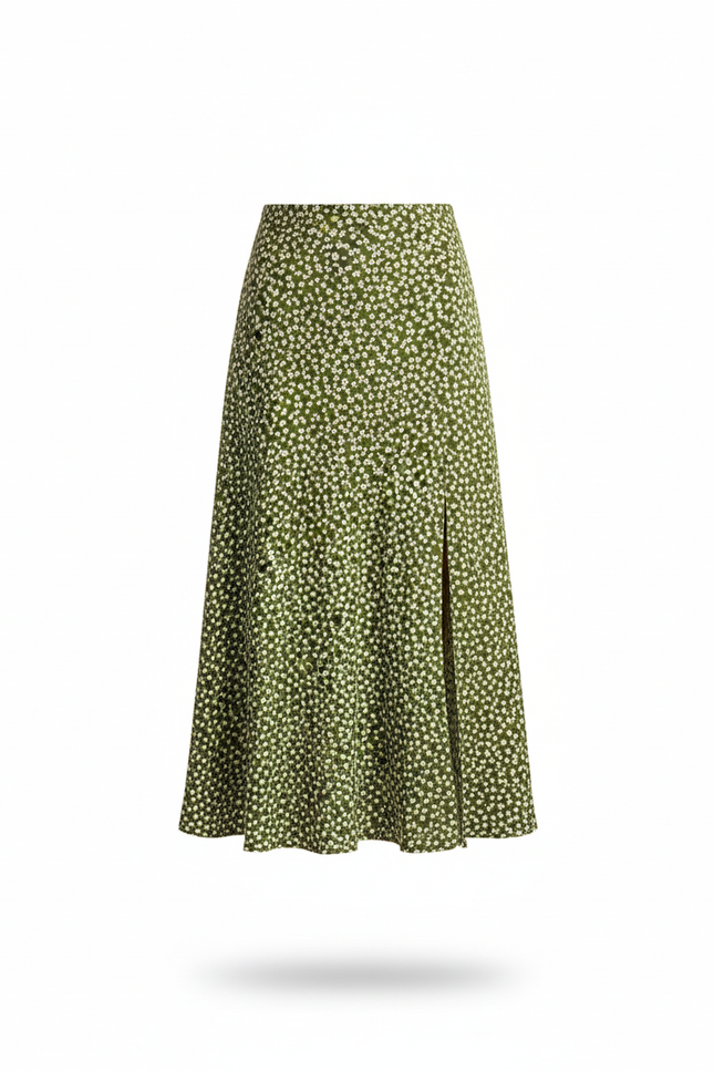 Jupe Midi Verte Fleurie Fendue Élégante