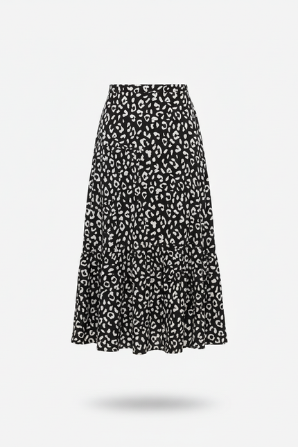 Jupe Midi Léopard Noir Blanc Fluide Élégante