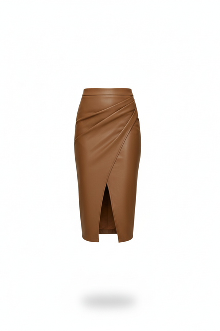 Jupe Midi Camel Similicuir Drapée Chic