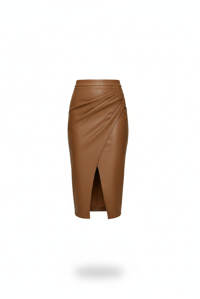 Jupe Midi Camel Similicuir Drapée Chic