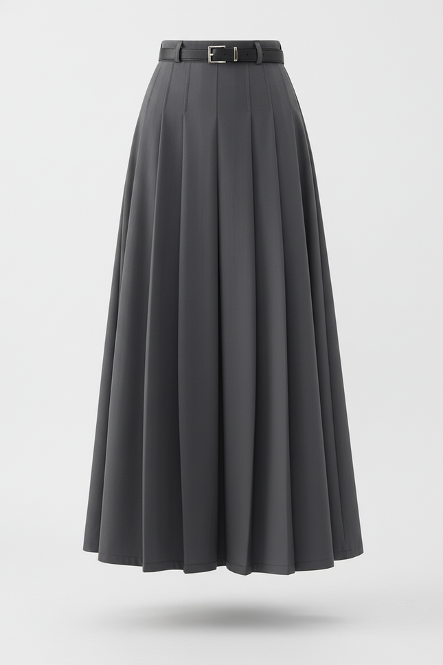 Jupe Midi Grise Taille Haute Plissée
