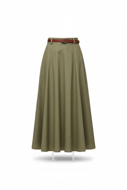 Jupe Midi Vert Olive Coton Élégante