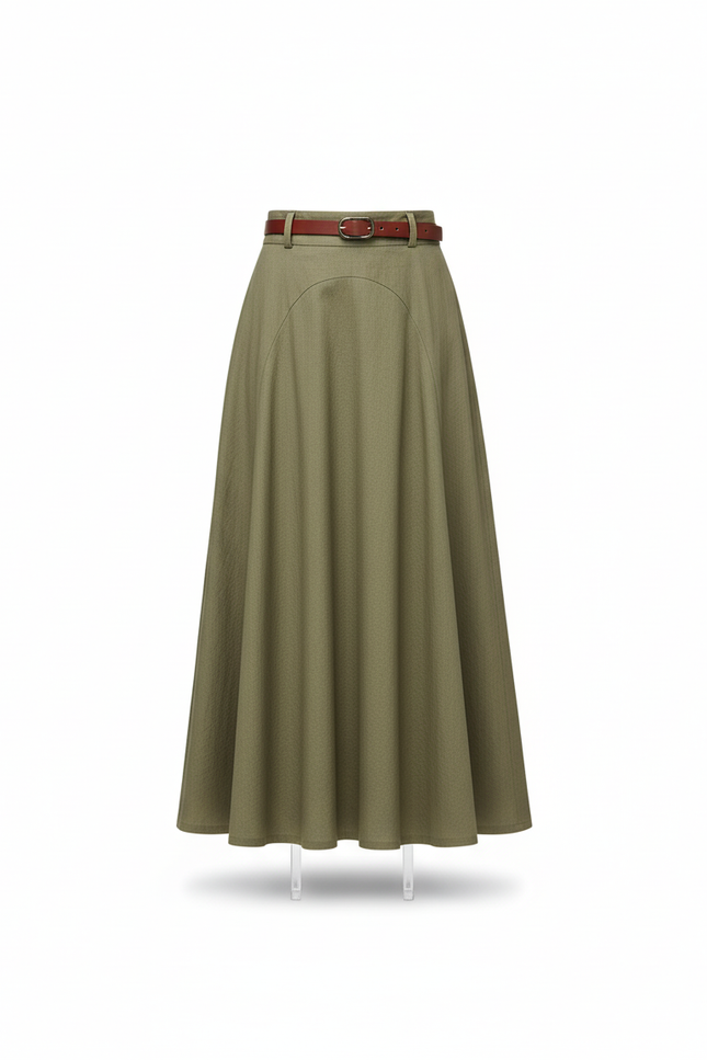 Jupe Midi Vert Olive Coton Élégante