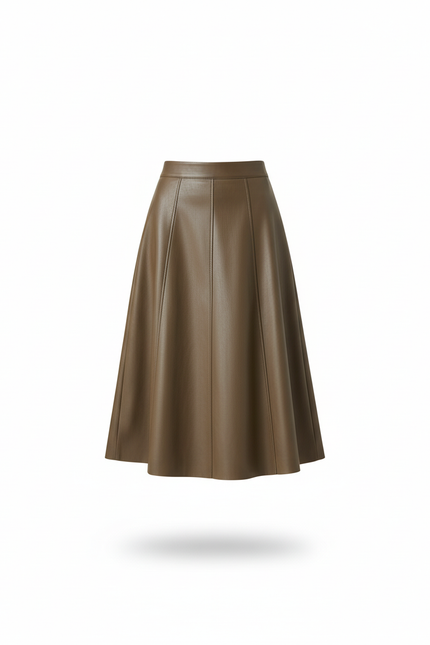 Jupe Midi Khaki Faux Cuir Élégante