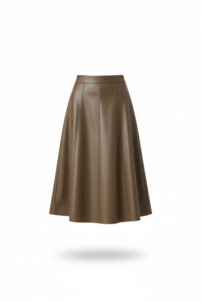 Jupe Midi Khaki Faux Cuir Élégante