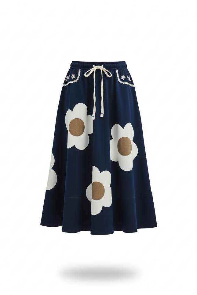 Jupe Midi Bleu Marine Fluide À Fleurs