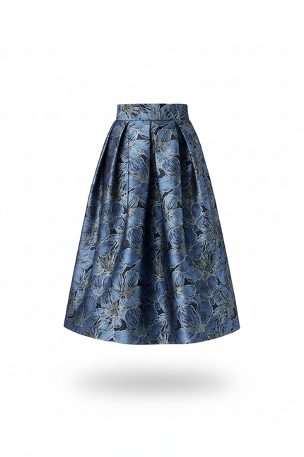 Jupe Midi Bleue Florale Plissée Élégante