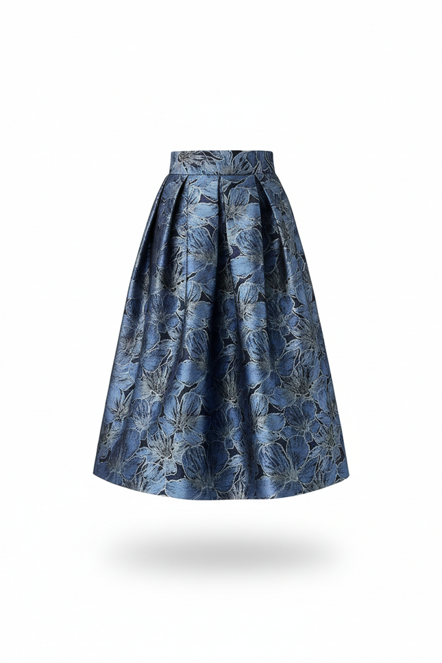 Jupe Midi Bleue Florale Plissée Élégante