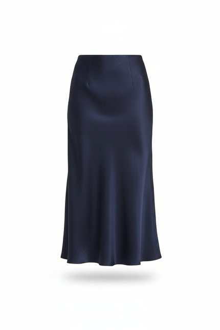 Jupe Midi Satin Bleu Foncé Élégante