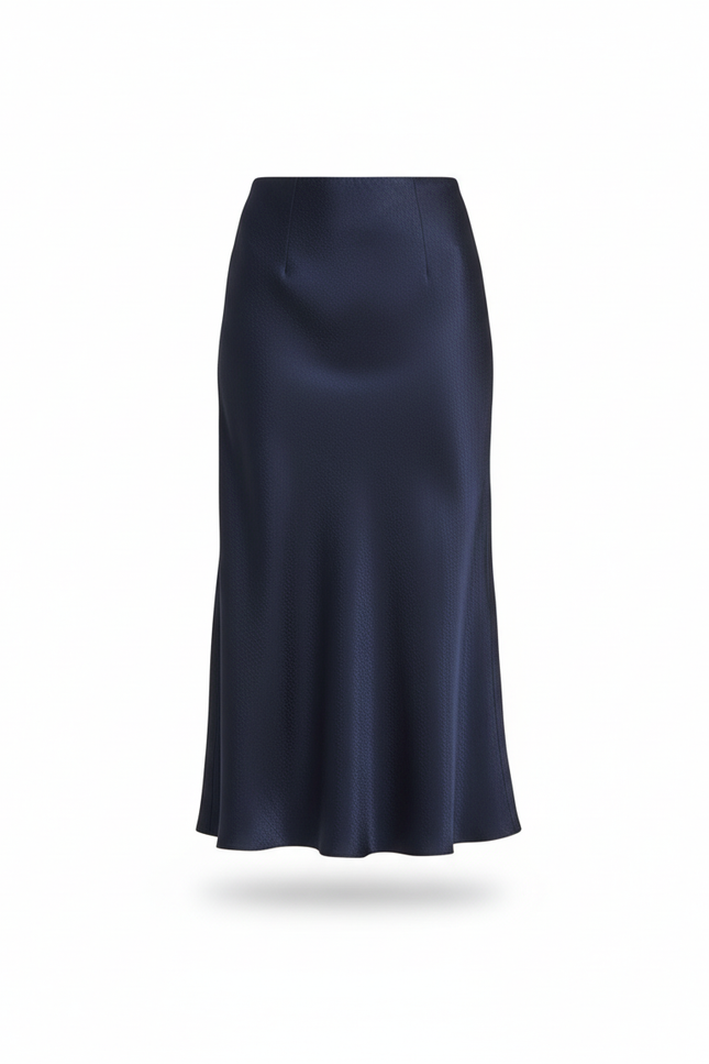 Jupe Midi Satin Bleu Foncé Élégante