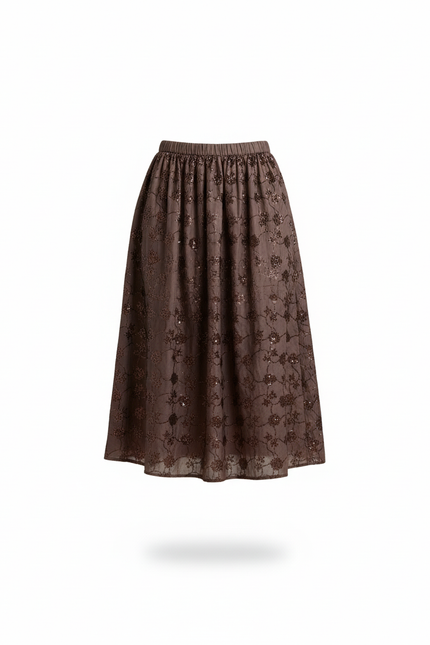 Jupe Midi Marron Sequins Élégante