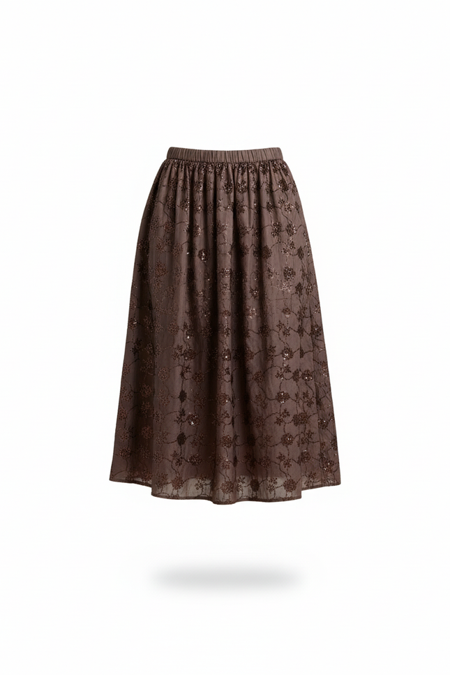 Jupe Midi Marron Sequins Élégante