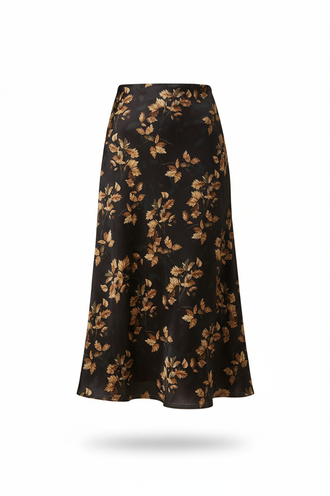 Jupe Midi Imprimé Feuilles Fluide Élégante
