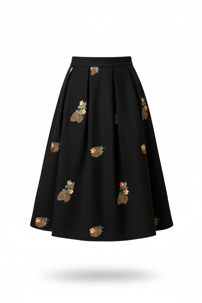 Jupe Midi Noire Brodée Élégante