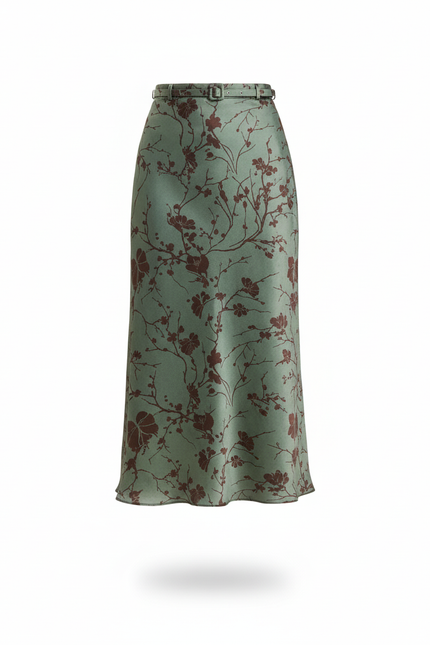 Jupe Midi Satinée À Motif Floral Vintage